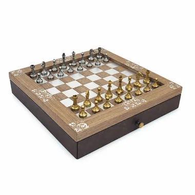 Wooden chess board with storage drawer and metal Staunton pieces