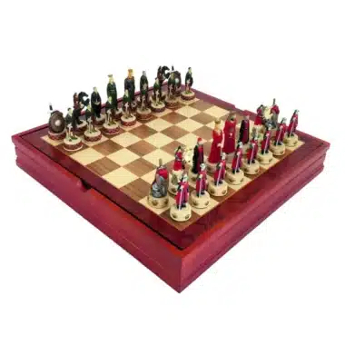 English vs Scottish Chess Set and Wooden Chess Board with Storage