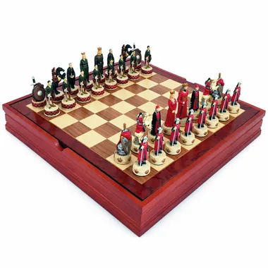 Complete English versus Scottish chess set on wooden storage chessboard box