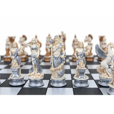 Aphrodite, Poseidon and Hephaestus pieces in close-up on the chess board