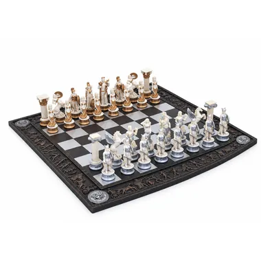 Greek Mythology chess set complete on black and white Greek chess board