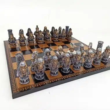 Hand-Painted Skull Chess Set with Black Faux Leather Chess Board
