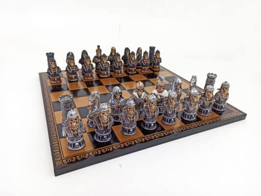 Hand-Painted Skull Chess Set and Black Faux-Leather Chess Board