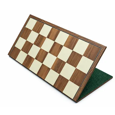 Folding chess board in walnut and maple wood, half-open on green backing