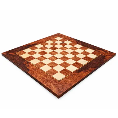 Italian chess board in elm burl and maple wood, overall perspective view