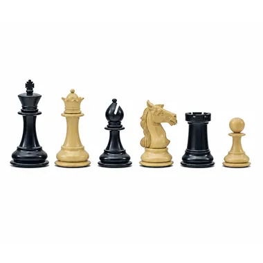 Columbus Chess Set: complete row of ebony and boxwood pieces lined up