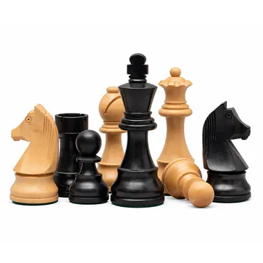 Boxwood and ebonised boxwood chess pieces grouped together, detailed overview