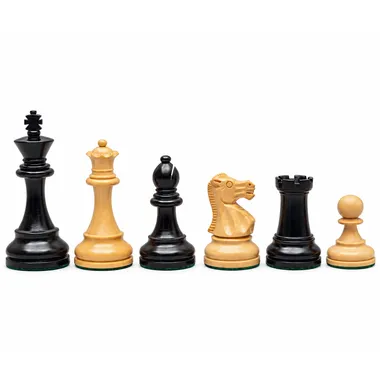 Chess pieces lined up in natural and ebonised black boxwood