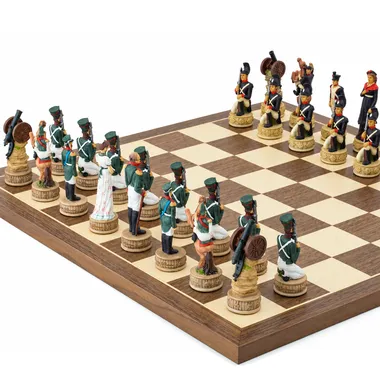Russian side pieces in painted resin, close-up view on the chess board