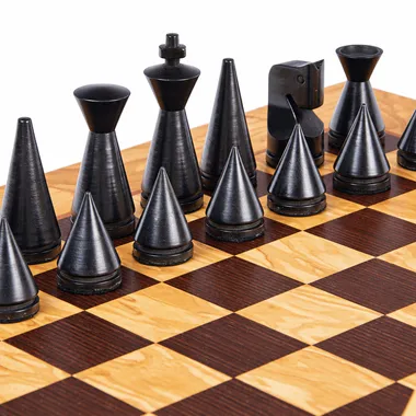 Dark rosewood chess pieces arranged on the olive burl chess board