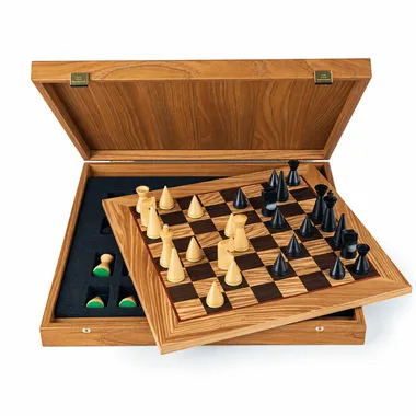 Open wooden box with built-in chess board and rosewood pieces