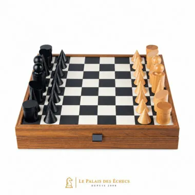 Bauhaus black and white chess set, geometric pieces arranged on the board
