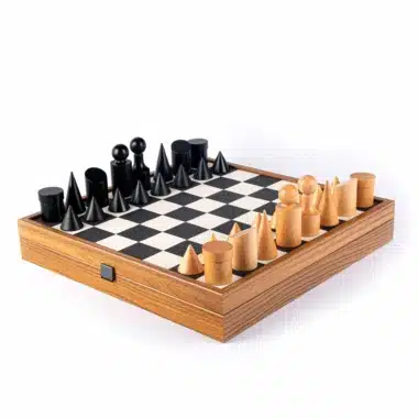 Bauhaus Black and White Wooden Chess Set with Faux Leather and Storage
