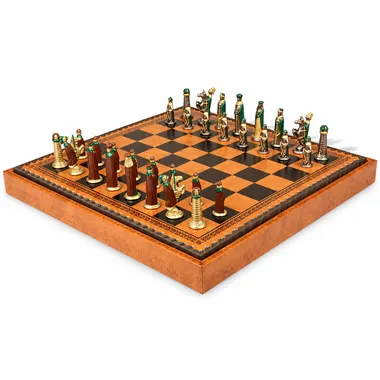 Complete medieval chess set on board with integrated storage box