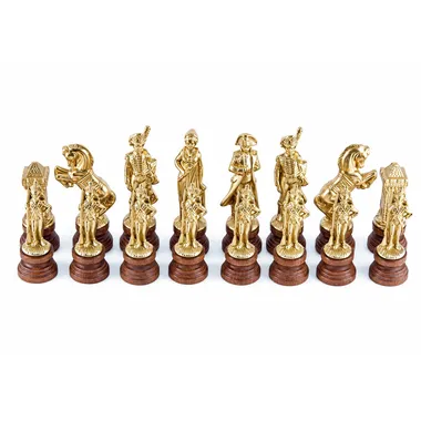 Gold Napoleon chess pieces lined up, detail of figures on wooden base