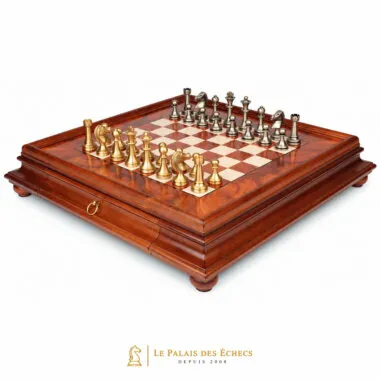 Grand Staunton complete chess set on burr wood chess board with drawer