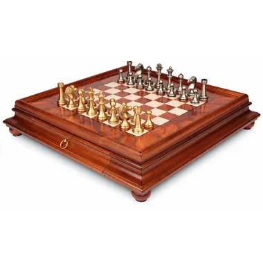 Grand Staunton complete chess set on burr wood chess board with drawer