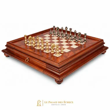 Oriental chess set complete on a burr wood chess board with drawer box