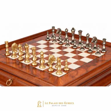 Solid brass chess pieces in gold and silver tones on an elm wood chess board