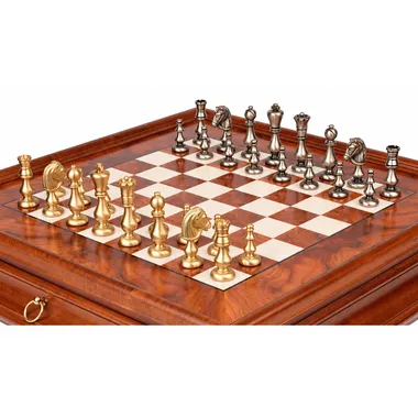 Solid brass chess pieces in gold and silver tones on an elm wood chess board