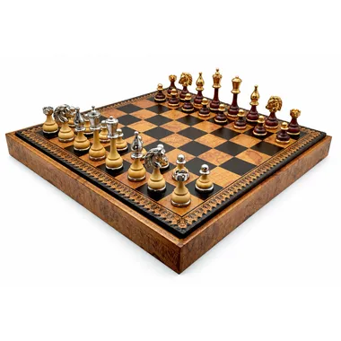 Flowered complete chess set at an angle, wood and metal pieces on map-pattern board