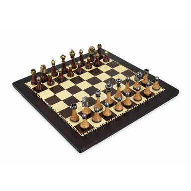 Staunton chess set in wood and metal on a dark wood chess board, full view