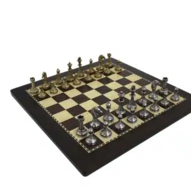 Small Metal Chess Set with Dark Wood Chess Board