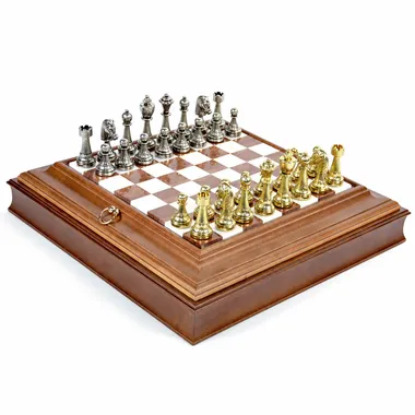 Complete Staunton chess set on wood and alabaster board with storage box