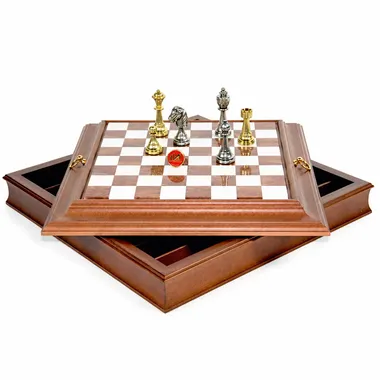 Open box showing integrated storage beneath the wood and alabaster chess board