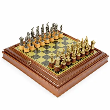 Complete Napoleon chess set on wooden storage box with metal pieces