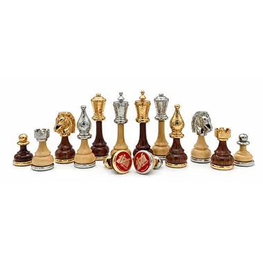 Flowered wood and metal chess set, gold and silver pieces lined up