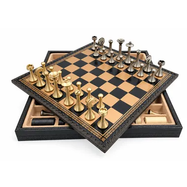 Chess board opened diagonally revealing the faux leather storage box
