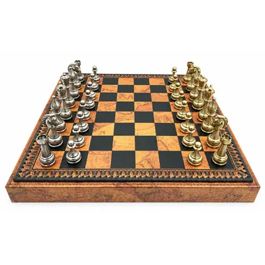Flowered chess set viewed from the front with antique map-style board