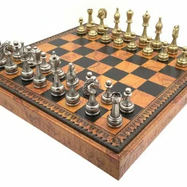 Flowered chess set in diagonal view showing the faux leather storage box
