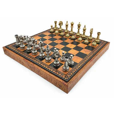Flowered chess set in diagonal view showing the faux leather storage box