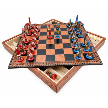 Open storage box revealing the compartment beneath the Egyptian chess board