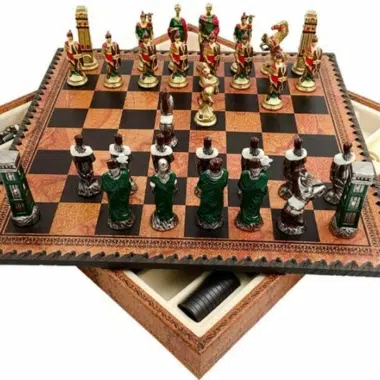 Faux-leather chess board open showing the piece storage compartment