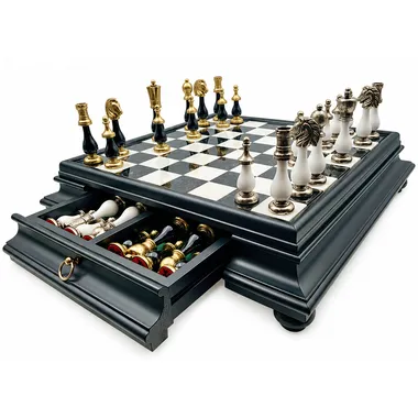 Complete Arabesque chess set with open drawer showing stored pieces