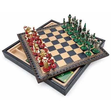 Complete Camelot chess set on faux leather board with storage box