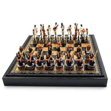 Complete Jazz vs Rock chess set with faux leather storage chessboard