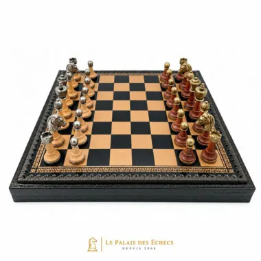 Complete chess set on a chess board with ornate faux-leather frame