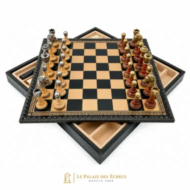Chess board opened to reveal the faux-leather storage compartment