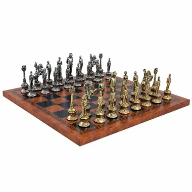 Complete Napoleon chess set on brown and black faux leather chessboard