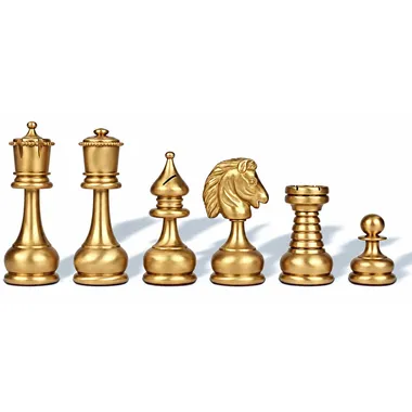 Gold-toned chess pieces from the Grand ensemble Persian set, king, queen, bishop, knight, rook and pawn