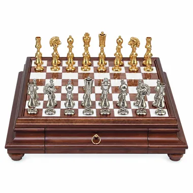 Complete Arabesque chess set on wood and alabaster board with drawer