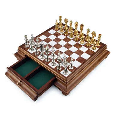 Arabesque chess board with open drawer lined with green felt