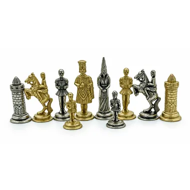 Gold and silver pieces of the Camelot chess set, detailed medieval figures