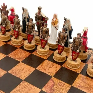King Arthur chess pieces, close-up of painted knights and characters