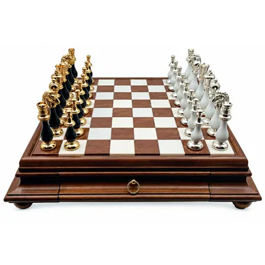 Grand Oriental chess set complete on wood and alabaster chessboard with drawer