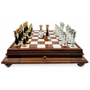 Close-up view of black and white pieces facing each other on the board